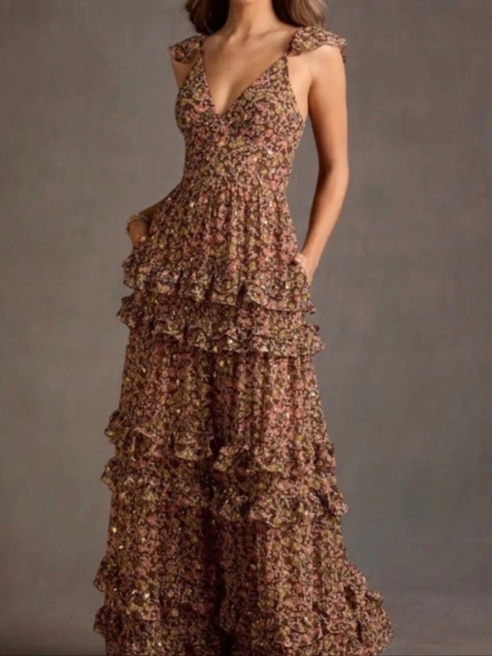 Azazie Brown Floral Ruffle Tiered Maxi Dress
